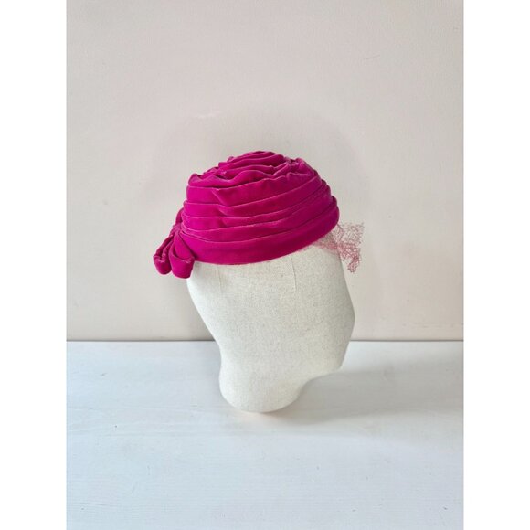 Vintage FRENCH ROOM Fuchsia Pink Velvet Pleated Bow Turban Juliet Hat - Picture 4 of 16